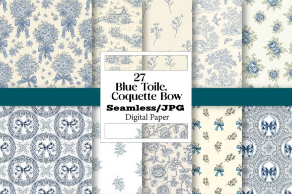 Download Blue Toile Digital Paper, Coquette Bow - Bow Collection